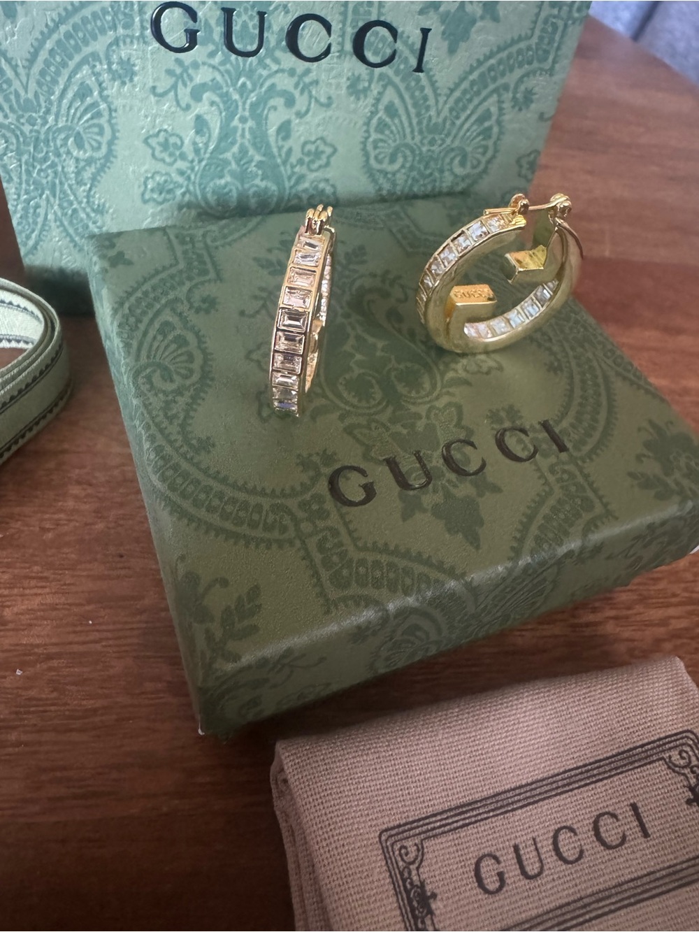 Gucci Gold and Clear Crystal Interlocking G Hoop Earrings